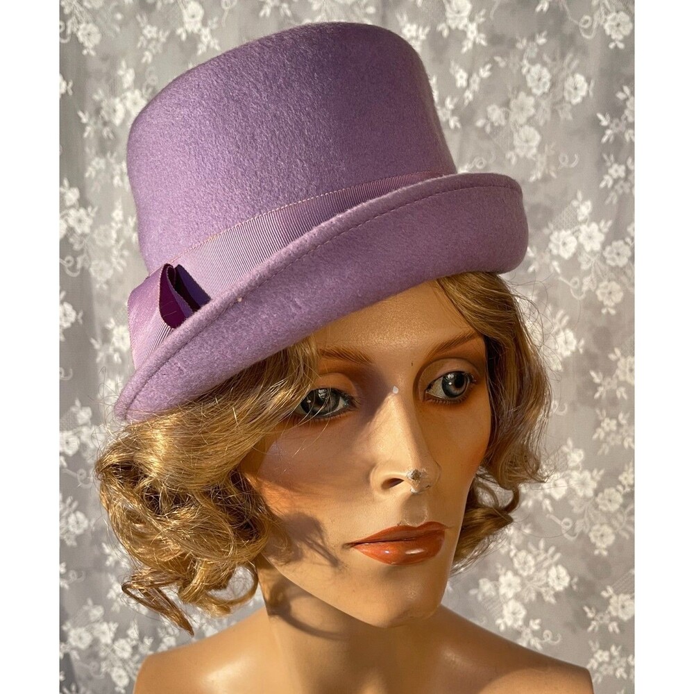 Vintage 60s Lavender Purple Wool Felt Cloche Hat Ribbon Bow Mod Jackie O Style